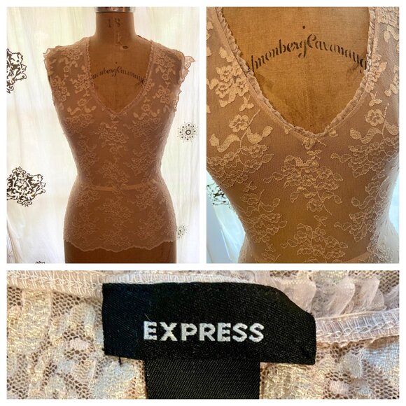 Express Tops - Vintage EXPRESS Nude Pink Lace Sheer Camisole Top S Y2K Grunge Coquette USA EUC